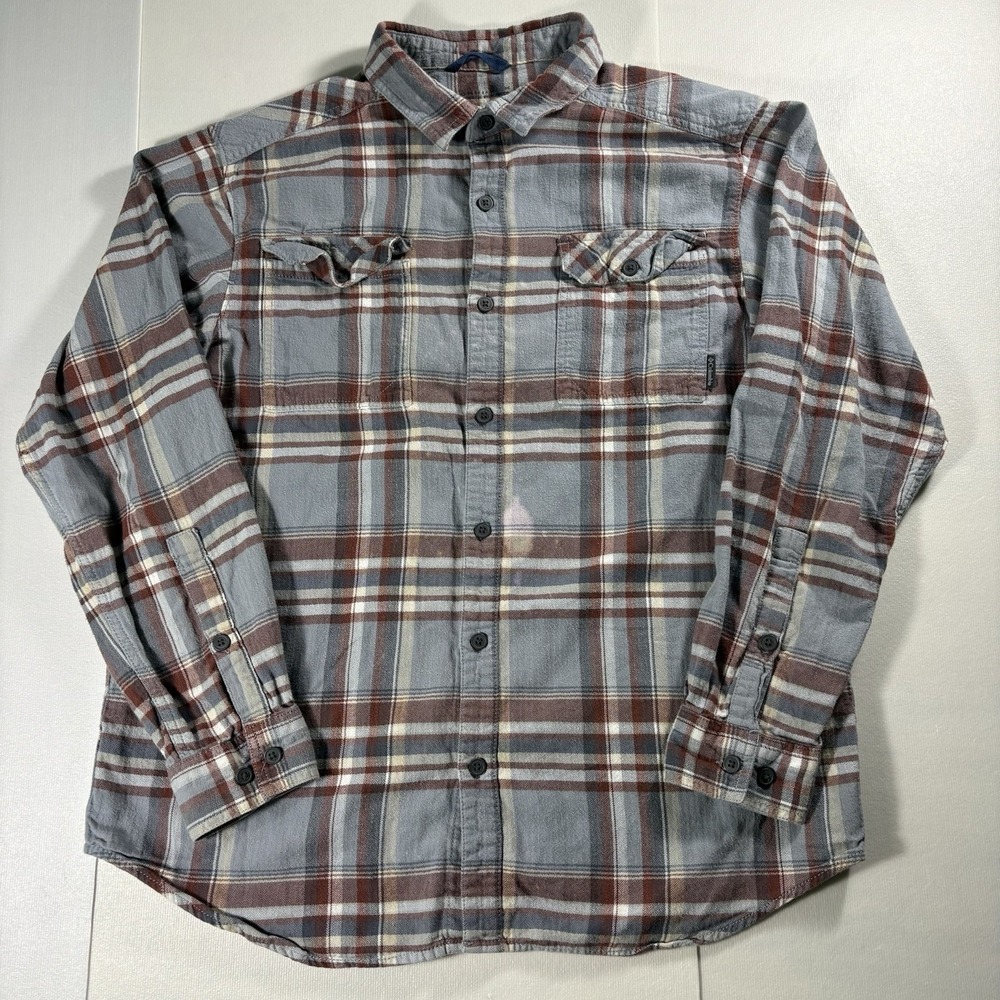 Columbia Sportswear Men's Large Gray Burgundy Plaid Flannel Button Front